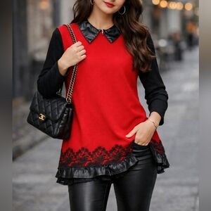 Vintage Lace Hem Tunic Top – Faux Leather Collar Long Sleeve Blouse – Chic